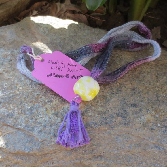 New Boho Purple Fiber Yellow Ceramic Hand Crafted Bead Tassel Necklace - Picture 1 of 8